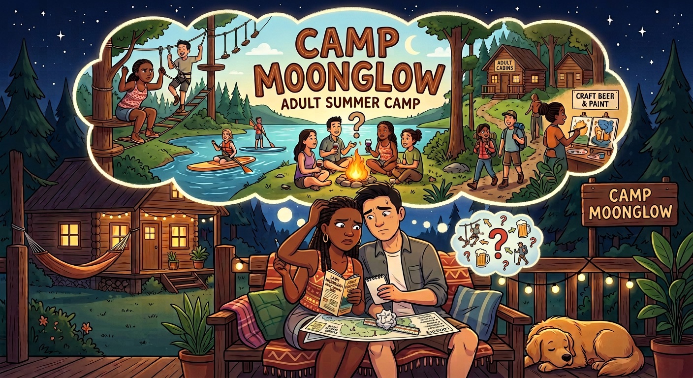 A cartoon of Maya and Dan on a porch at night, dreaming of an adult summer camp in a big thought bubble, while holding a map and a notepad and looking puzzled.