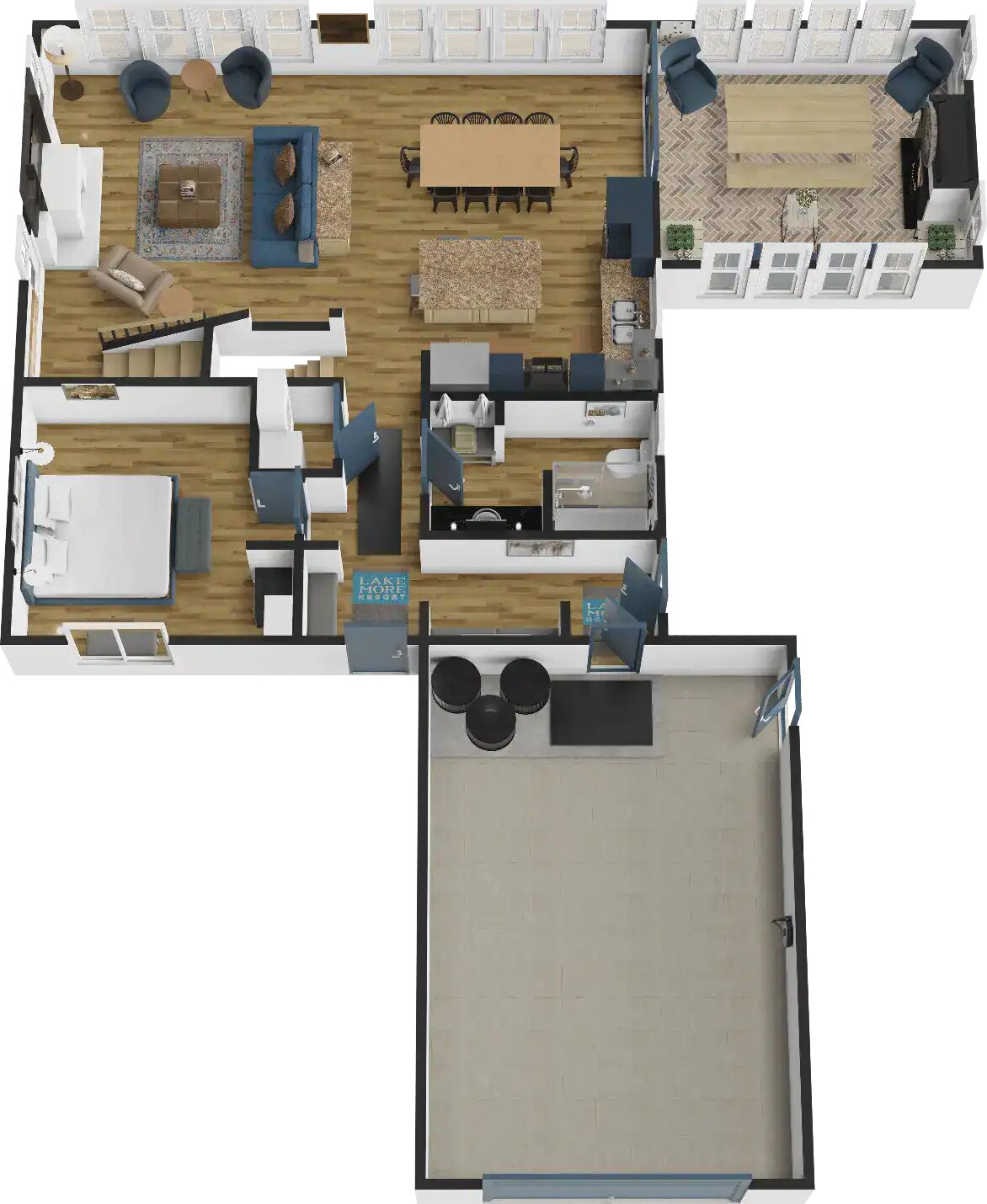 Three-dimensional floor plan of the main level: great room, dining table, kitchen, screened porch and the main-level bedroom.