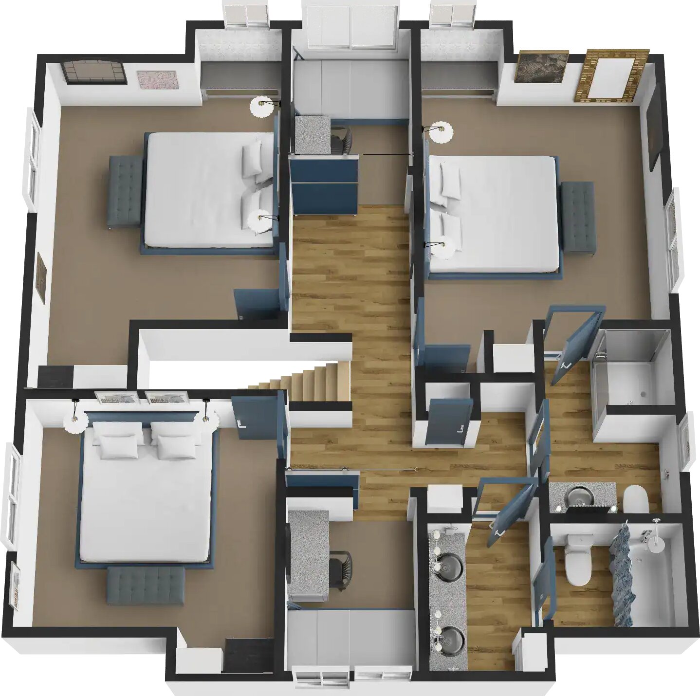 Three-dimensional floor plan of the upper level: three bedrooms, two bathrooms and a landing with a desk nook.